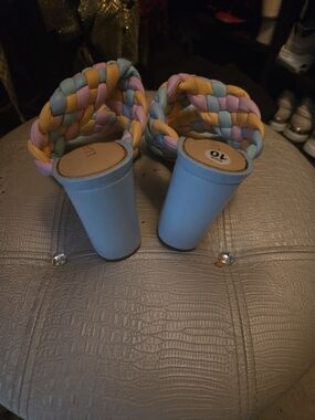 Liliana Multicolor Braided Strap Block Heel Sandals - Pastel Blue, Pink, Yellow